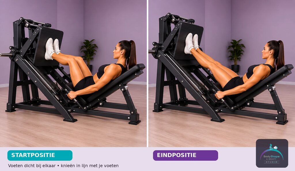 Leg Press – smalle stand: startpositie links en eindpositie rechts
