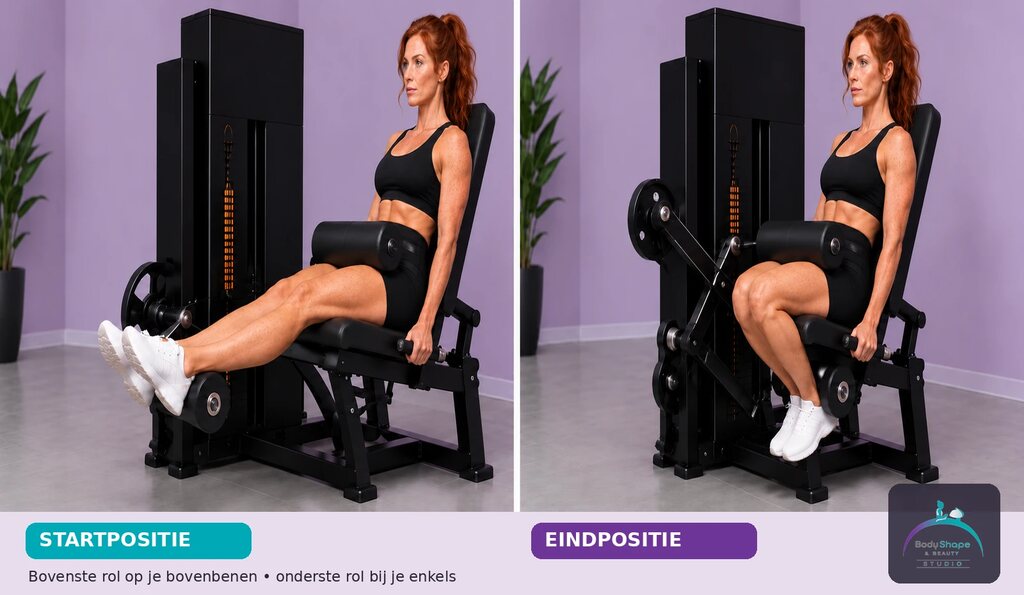 Leg Curl: startpositie links en eindpositie rechts